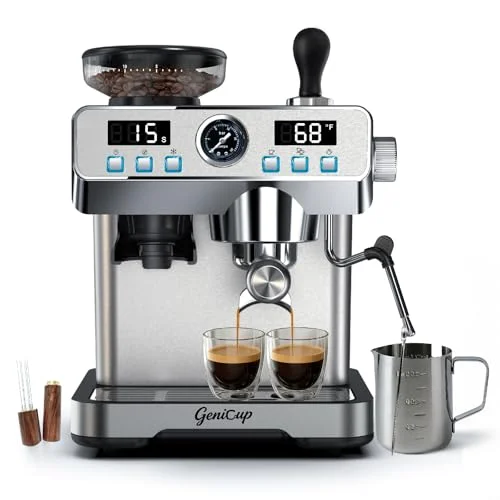 GeniCup espresso machine with grinder and 68 ounce water tank
