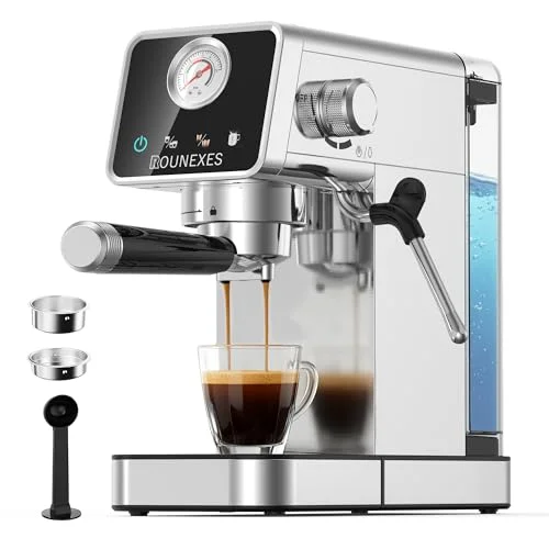 20 Bar Espresso Machine with milk frother, pressure gauge, touchscreen and 51mm portafilter in silver