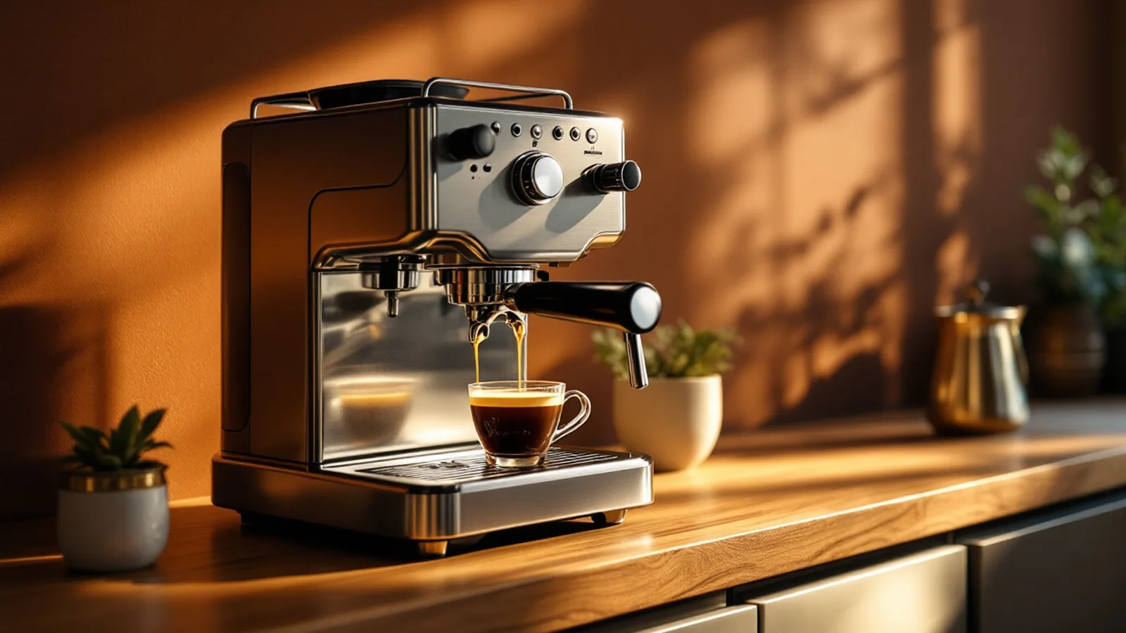 Stainless steel home espresso machine on a warm walnut kitchen counter pulling a shot into a cup